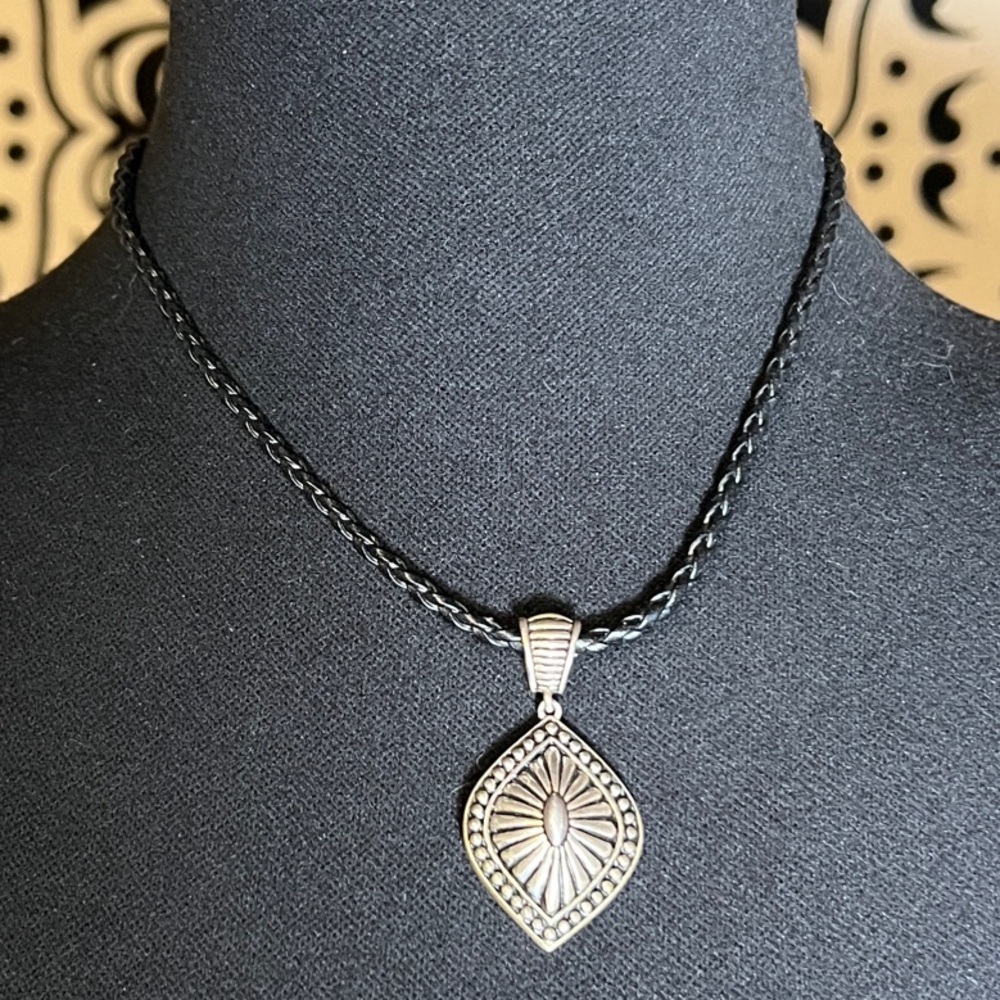 Boho Inspired Silver tone Pendant/Necklace with Black Braided Cord